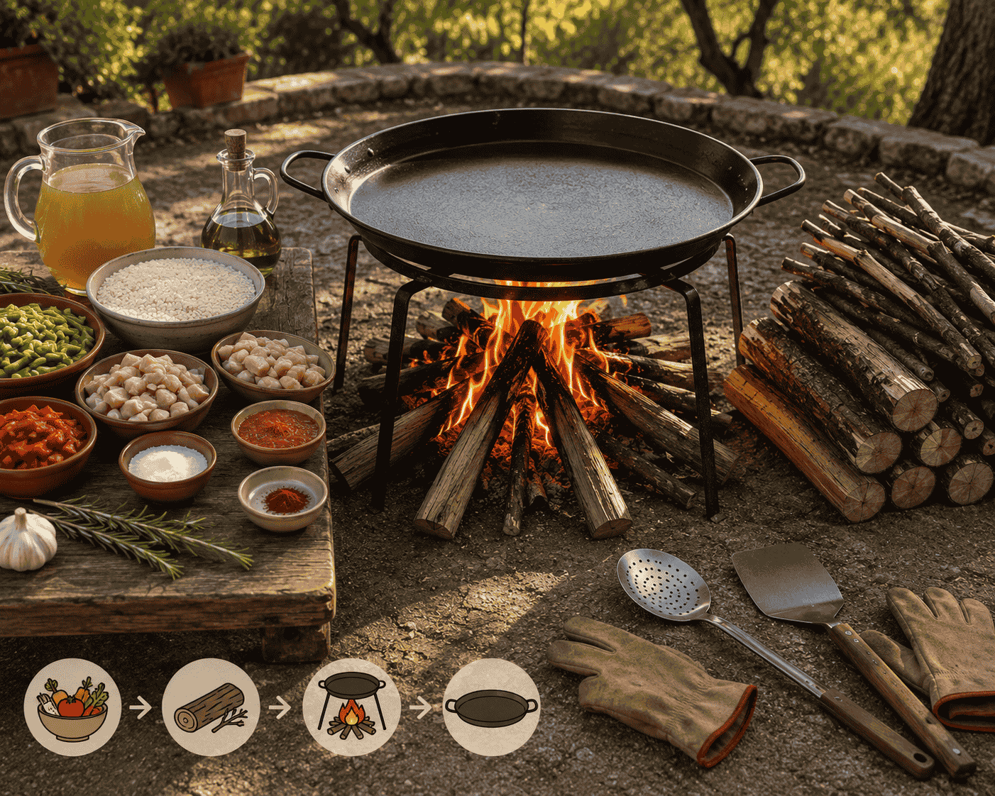 ingredientes y preparación de paella a leña
